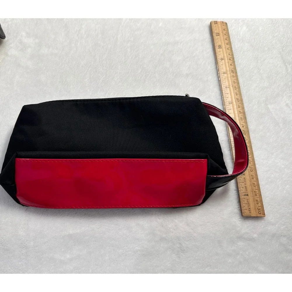 Lancome Paris Cosmetic Bag Set Black Red Rose Wristlet & Floral Canvas Pouch